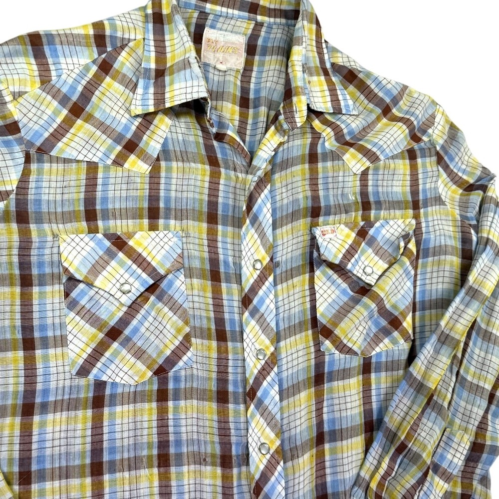 Vintage Ely Plains Pearl‎ Snap Shirt Men 16.5/34 Plaid Western 80s *Blemishes